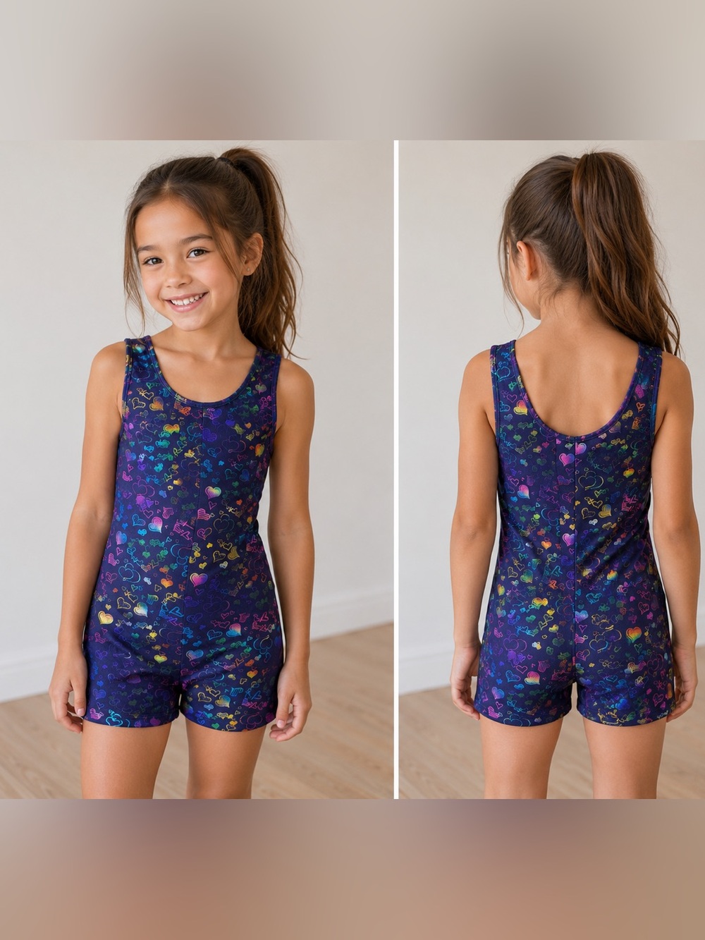 Girl’s Size 8/10 Blue Heart Print Moret Kids Gymnastics Leotard